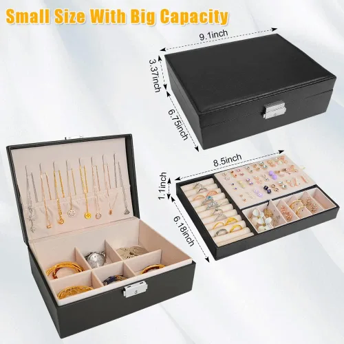 Miniatura 6 de MRMOSY Joyero para mujeres y niñas organizador de joyas estuche de almacenamiento de 2 capas de piel sintética con bandeja extraíble y cerradura