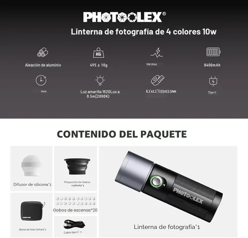 Miniatura 9 de PHOTOOLEX Linterna de fotografía de 4 colores con 20 patrones magnéticos Gobos, foco portátil de 8400mAh, luz de estudio LED de 10W para fotografía