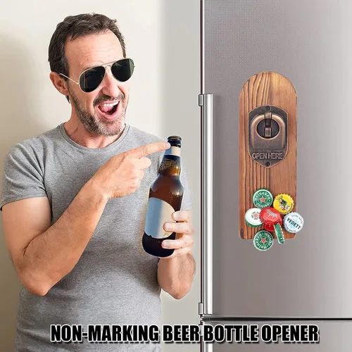 Miniatura 4 de Abrebotellas de cerveza montado en la pared con atrapador de tapas magnético, abrebotellas magnético de madera para refrigerador, regalos de cerveza