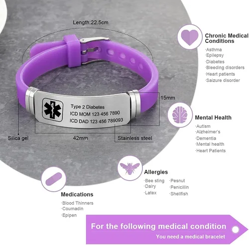 Miniatura 138 de OPALSTOCK Pulseras médicas personalizadas de silicona ajustable para identificación de emergencias, grabado gratuito, 9 pulgadas, resistente al