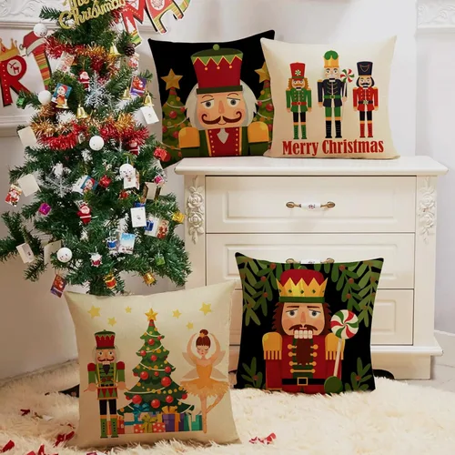 Miniatura 6 de Juego de 4 fundas de almohada decorativas con diseño de cascanueces navideñas, 20 x 20 pulgadas, árbol de Navidad, soldado de madera de dibujos