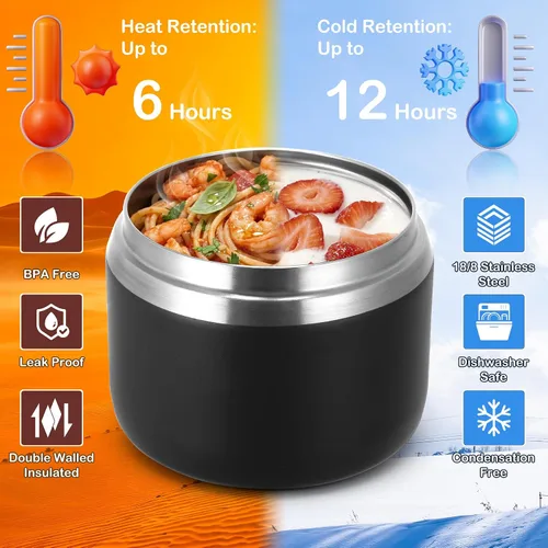 Miniatura 5 de MAXSO Tarro de comida aislado al vacío de 14 onzas con tapa de hebilla de cuchara, termo de sopa para niños para comida caliente, boca ancha, Negro