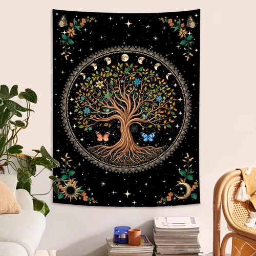 Lunerfex Tapiz de árbol de la vida, tapiz de pared de fase lunar, tapices verdes para dormitorio, techo, tapices para colgar en la pared para