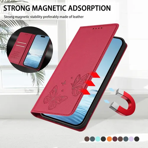 Miniatura 7 de Butterfly Embossed Leather Wallet Flip Case for Motorola Moto E22i 4G, Magnetic Closure, RFID Blocking Cover, Card Holder Red.