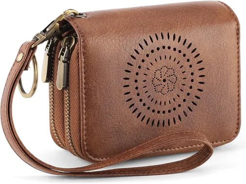 Miniatura 10 de SENDEFN Tarjetero de cuero para tarjetas de crédito, cartera pequeña para mujer, bloqueo RFID, doble cremallera con ventana de identificación