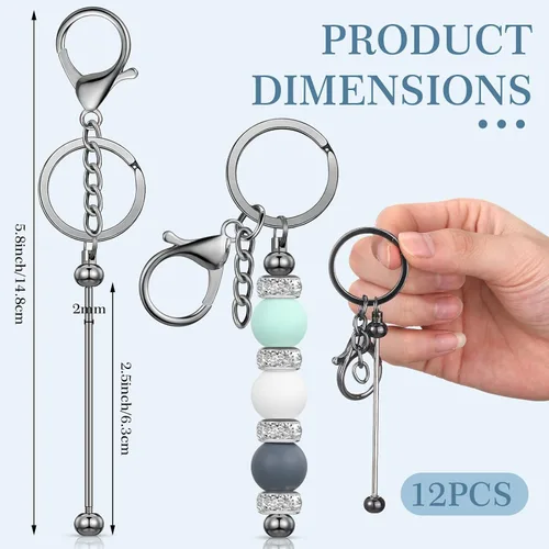 Miniatura 2 de Tondiamo 12 llaveros con cuentas, barras a granel, llavero de metal con cuentas en blanco para manualidades, regalo de bricolaje Gris
