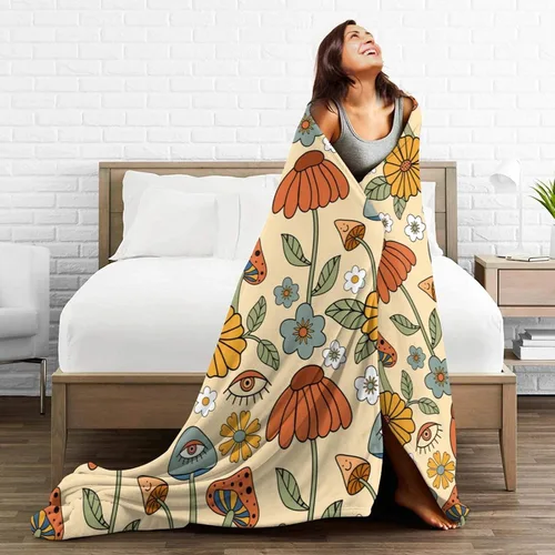 Miniatura 4 de Manta de hongos florales retro de los años 70, mantas suaves de franela para cama, acogedora y ligera, regalos de felpa para mujeres, hombres