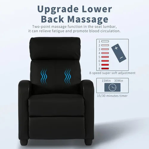Miniatura 5 de HCY Silla reclinable de masaje acolchada con asiento ancho, sofá individual con reposapiés, piel sintética para sala de estar, cine en casa (negro)