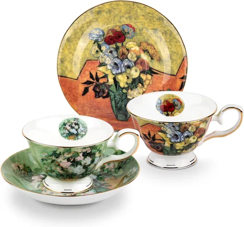 Juego de 2 tazas de té floral con platillos, Van Gogh Pinturas de cerámica fina 7 oz Tazas de té británicas de porcelana para té de rosa Tazas de