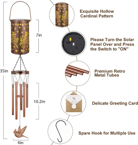 Miniatura 3 de YHmall Campanillas de viento Cardinal para exteriores, luces colgantes solares, campanillas de viento al aire libre, regalos Cardinal para mujeres