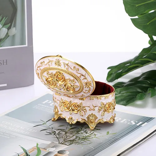 Miniatura 7 de Hipiwe Joyero de metal vintage, organizador ovalado con diseño de rosas, caja de almacenamiento para anillos, aretes, collar, regalo para mujeres