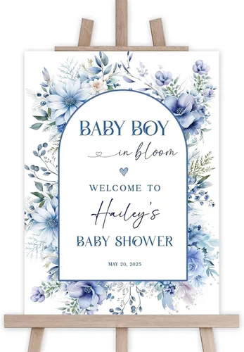 Miniatura 4 de Letrero de bienvenida personalizado para bebé, decoración de ducha de bebé en flor, tema floral azul, regalo para recién nacido de mamá y papá