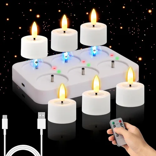 Velas de té recargables sin llama con temporizador Romote, vela votiva pequeña de 1.5 x 2 pulgadas, funciona con pilas con base de carga USB, velas