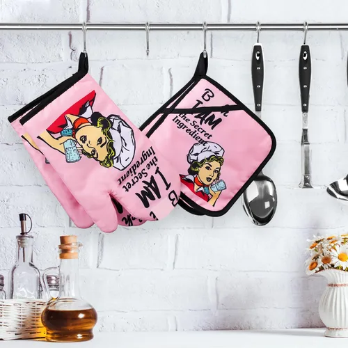Miniatura 2 de Juegos de guantes de horno divertidos y soportes para ollas antideslizantes para cocinar, barbacoa, parrilla con acolchado, guantes resistentes al