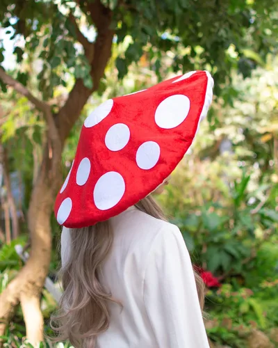 Miniatura 6 de Sombrero de hongo original para disfraz de cosplay, gorra roja con puntos blancos, de gran tamaño y mantiene