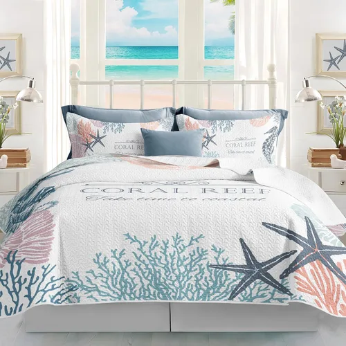 Miniatura 2 de weesire Ropa de Cama Costera Tamaño King 2 Fundas, Juegos de Edredón Náutico de Playa Colchas Oceánicas Cubrecama Costera Ropa de Cama de Verano
