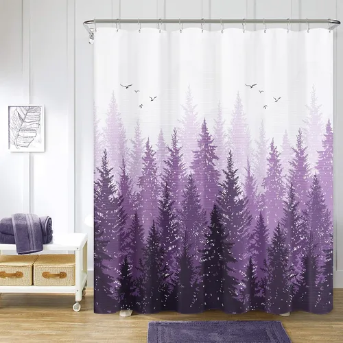 Miniatura 21 de Hokibero Cortinas de Ducha de Tela con Diseño de Bosque Brumoso Azul, Montaña, Naturaleza, Árbol para Baño, Impermeables, Resistentes, Azul Marino