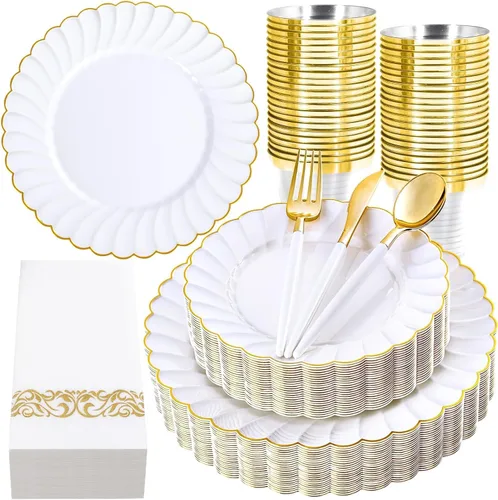 Miniatura 11 de Ciaell 175 platos de plástico festoneado negro con ribete dorado, cubiertos de plástico negro con asa, juegos de vajilla de alta gama para bodas