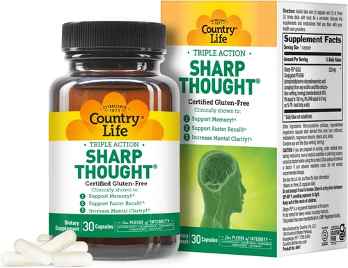 Country Life Sharp Thought - Suplemento de apoyo cognitivo y de memoria - Fosfatidilserina dorada Sharp-PS + DHA - Promueve la claridad mental y un