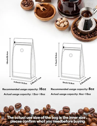 Miniatura 2 de FireKylin 50 piezas de bolsas de café con válvula, (16 oz, 1 lb) Bolsas de pie de papel, bolsas resellables con ventilación para almacenamiento