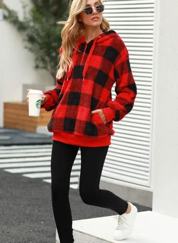 Miniatura 7 de Nirovien - Sudadera con capucha para mujer, sherpa, sin botones, de gran tamaño, mullida, de vellón doble, abrigada, suave, a cuadros