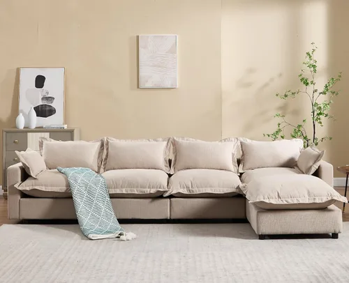 Miniatura 9 de chairus Sofá modular modular de 97 pulgadas con asiento profundo otomano movible, juego de sofá de lino con almohadas suaves en forma de L para sala