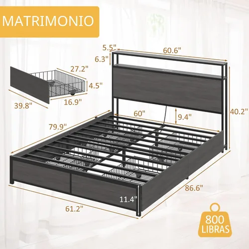 Miniatura 2 de Lifezone Base de cama Queen con cabecera de almacenamiento de 2 niveles, base de cama de plataforma de metal con 4 cajones de almacenamiento, gris