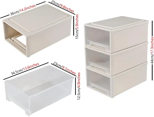 Miniatura 3 de Gloreen Cajones de almacenamiento apilables de plástico de 12 L, 3 paquetes de caja de cajón compacta de escritorio