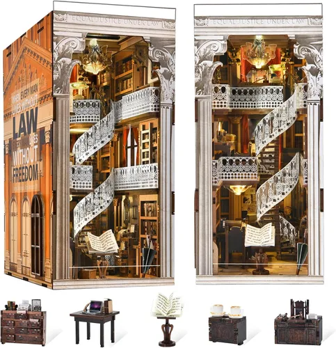 Miniatura 17 de MiniCity Kit de rincón de libros, kit de bricolaje en miniatura para casa de muñecas, rompecabezas de madera 3D, decoración con luz LED