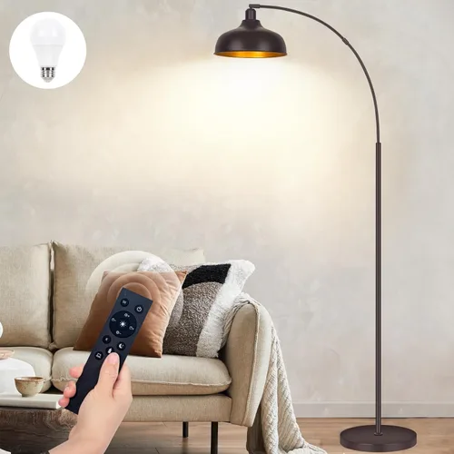 Miniatura 8 de Lámparas de pie doradas para sala de estar - Lámparas de pie de arco con bombilla de 9W, pantalla de metal ajustable 360°, lámpara de pie regulable