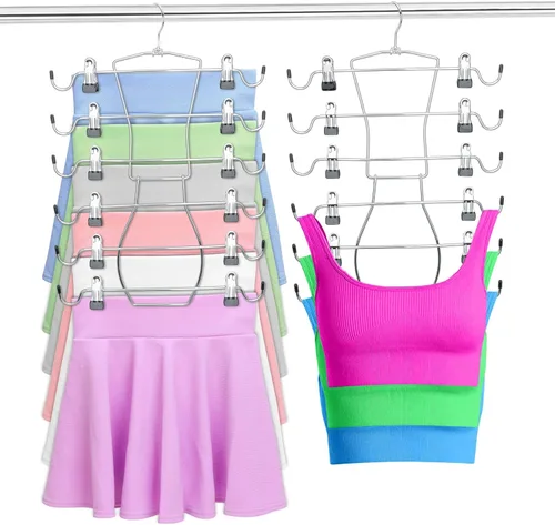 Paquete de 2 perchas para pantalones de 6 niveles que ahorran espacio, perchas para faldas, organizadores de armario y almacenamiento con clips para