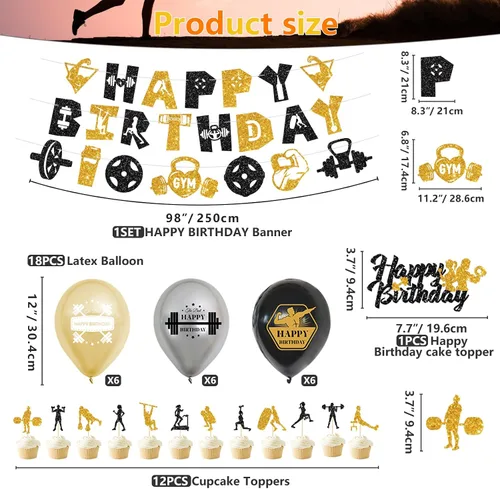 Miniatura 2 de KEFAN Decoraciones de fiesta de cumpleaños de gimnasio, suministros de fiesta temática de fitness negro y dorado con globos de látex, decoración