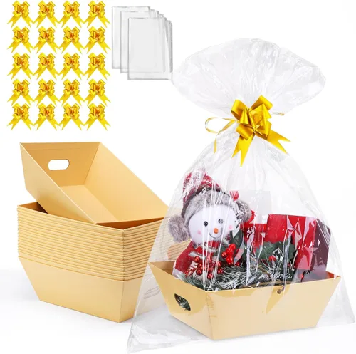 Miniatura 12 de AFOROEOA Paquete de 10 cestas vacías para regalos, cesta de regalo de papel kraft de 10 x 12 pulgadas de grosor con 10 lazos, 10 bolsas vacías
