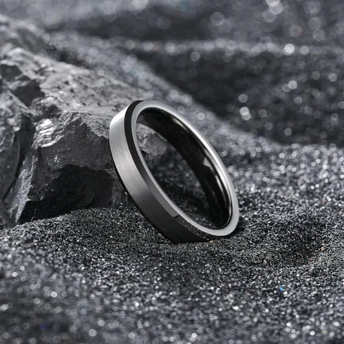 Miniatura 119 de King Will Anillo de boda de tungsteno para hombre, disponible en 15/64 a 25/64 de pulgada (6 a 10 mm), negro/plata, acabado mate, borde pulido