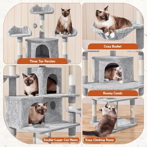 Miniatura 3 de Yaheetech Árbol grande para gatos de 76.5 pulgadas, torre grande para gatos con 3 condominios, perchas de felpa acogedoras, 9 postes rascadores