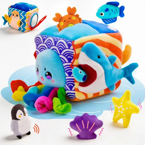 SAIMAND Juguetes para bebés de 6 a 12 meses – Caja suave misteriosa con 5 animales marinos de peluche, sonajero, papel crujiente y espejo – Juguetes