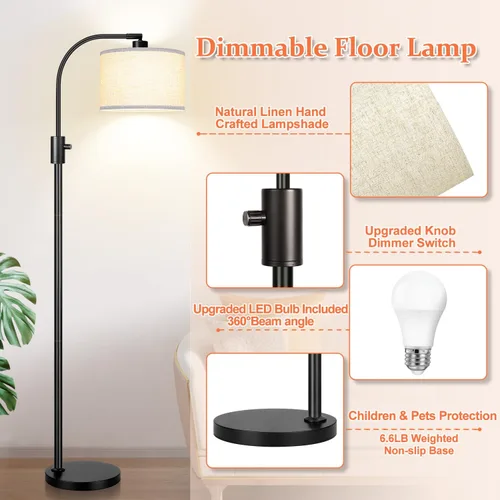 Miniatura 4 de [Actualizada] Lámpara de pie negra regulable, bombilla LED Edison de 1200 lúmenes incluida, lámpara de pie de arco para sala de estar, lámparas