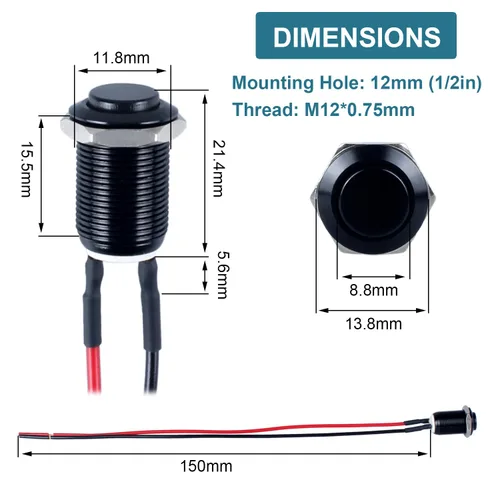 Miniatura 3 de 5 piezas 12 mm Interruptor de botón de cierre con cabeza elevada ON-Off normalmente abierto con cable presoldado, carcasa de aleación de aluminio