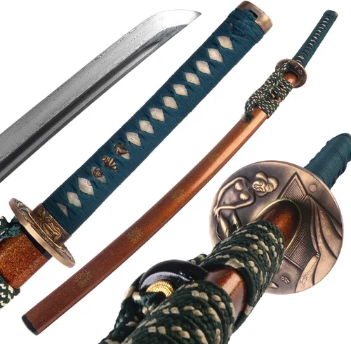 BADAO - Katana dorada hecha a mano de 41 pulgadas de acero plegado de Damasco, Katana práctica lista para la batalla, espada samurái japonesa,