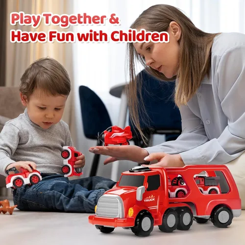 Miniatura 5 de MindPal Camión de Bomberos de Juguete para Niños Pequeños de 3 4 5 6 7 Años, Set de Vehículo Transportador de Camión de Bomberos 8-en-1 para Niños