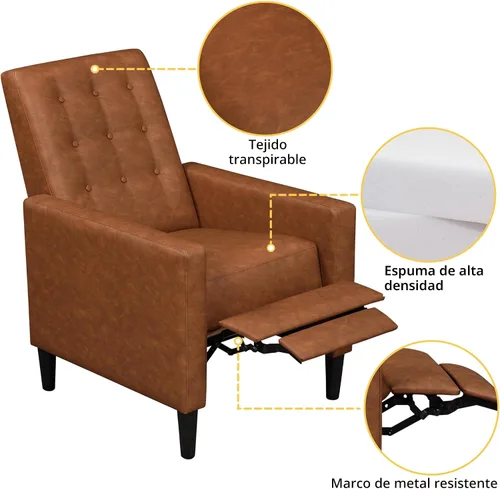 Miniatura 7 de Yaheetech - Sofá reclinable de cuero sintético, silla reclinable individual moderna de mediados de siglo, respaldo y reposapiés ajustables, sofá