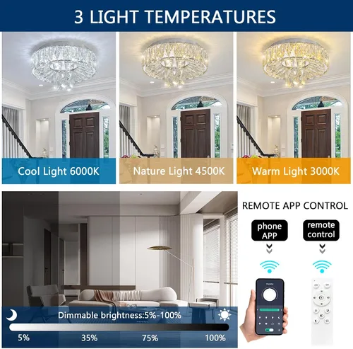 Miniatura 3 de Mini Candelabro Moderno Candelabros de Cristal para Pasillo Lámpara LED de Montaje al Ras del Techo Luz Regulable para Comedor Sala de Estar