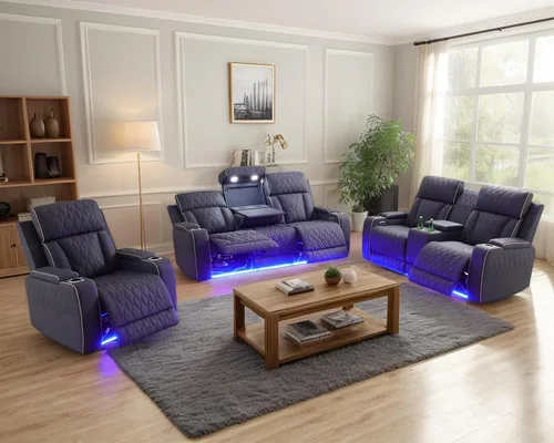 Miniatura 11 de Juego de 3 piezas para sala de estar, sofá reclinable eléctrico de cuero con puertos USB, iluminación LED y portavasos, asientos de cine en casa