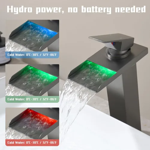 Miniatura 2 de Grifo de baño LED gris plomizo, cascada de baño, grifo alto para fregadero de 1 agujero, mango único, latón con mangueras de suministro de agua