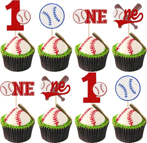 Miniatura 8 de Rsstarxi Paquete de 30 adornos para cupcakes de béisbol con trofeo con purpurina, jugadores de béisbol, pelota deportiva, decoración para temática