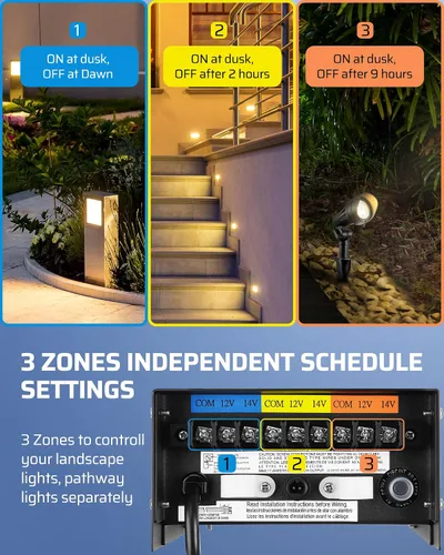 Miniatura 4 de DEWENWILS Transformador de bajo voltaje de 200 W con 3 salidas de control independientes, transformador de paisaje con temporizador y sensor