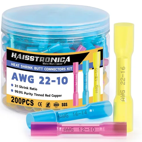 Miniatura 8 de haisstronica 120 conectores de tope termocontraíbles amarillos de 12-10 Awg, cobre rojo estañado, 0.039 in, conectores de alambre de crimpado