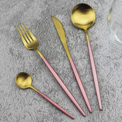 Miniatura 10 de Juego de cubiertos de oro mate, 5 piezas de acero inoxidable 18/10 con acabado satinado, servicio para 1, cuchara tenedor de cuchillo con pajitas