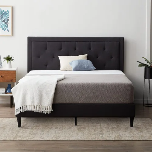 Lucid - Cama de plataforma tapizada con cabecera de diamante con estructura de madera resistente, no requiere somier, King, carbón