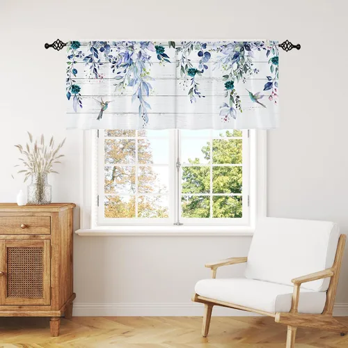 Miniatura 19 de Cortina de eucalipto negro y gris, cenefa para tratamiento de ventana, estilo bohemio, rústico, floral, bolsillo para barra, cortinas de ventana